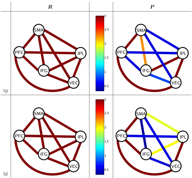 Fig. 3. Graphs representing the sample marginal, R, and partial, P , correlation coefficients for the theoretically preferred (top) and the