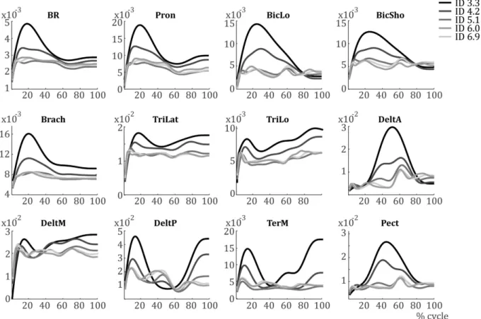 Figure 2.  EMG activations per muscle averaged over all subjects for each condition. 