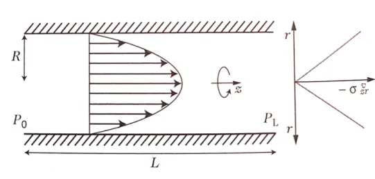 Figure 2.16 – Poiseuille flow in a cylindrical capillary with its velocity profile and its viscous stress σ zrυ (in module) from reference [113]