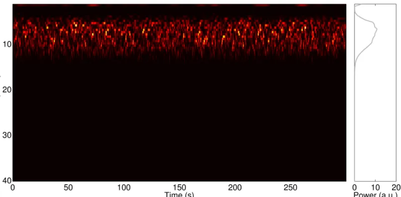 Fig 3. For a CSF of 0.6, the cortical node yields neural oscillations in a narrow frequency band and with fluctuating power over time — similar to the alpha rhythm observable in empirical human EEG data.