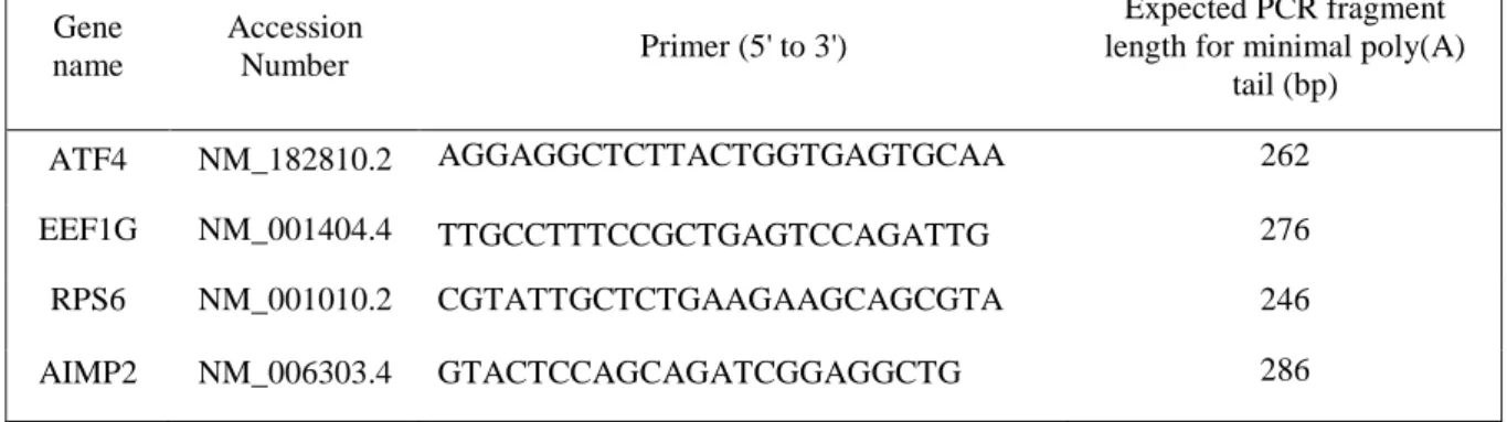 Table 1: Gene specific forward primers used for LM-PAT experiments  Gene  name  Accession Number  Primer (5' to 3')  Expected PCR fragment  length for minimal poly(A) 