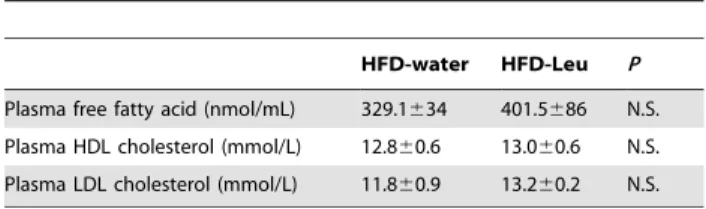 Figure 3. Leucine supplementation in HF-fed mice improves insulin sensitivity. (A) Glucose tolerance test and (B) insulin tolerance test carried out in HFD- or chow-fed mice supplemented or not with leucine in drinking water (n = 10-11 per group)