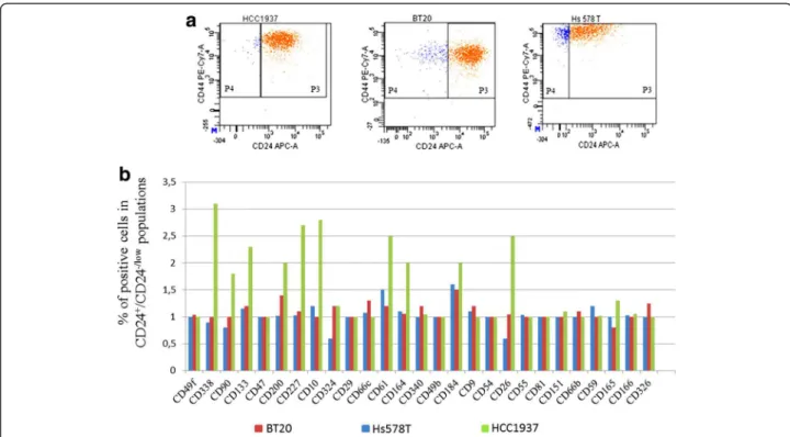 Figure 1 Surface expression profile of the CD24 + and CD24 -/low cell subpopulations of basal-like cell lines