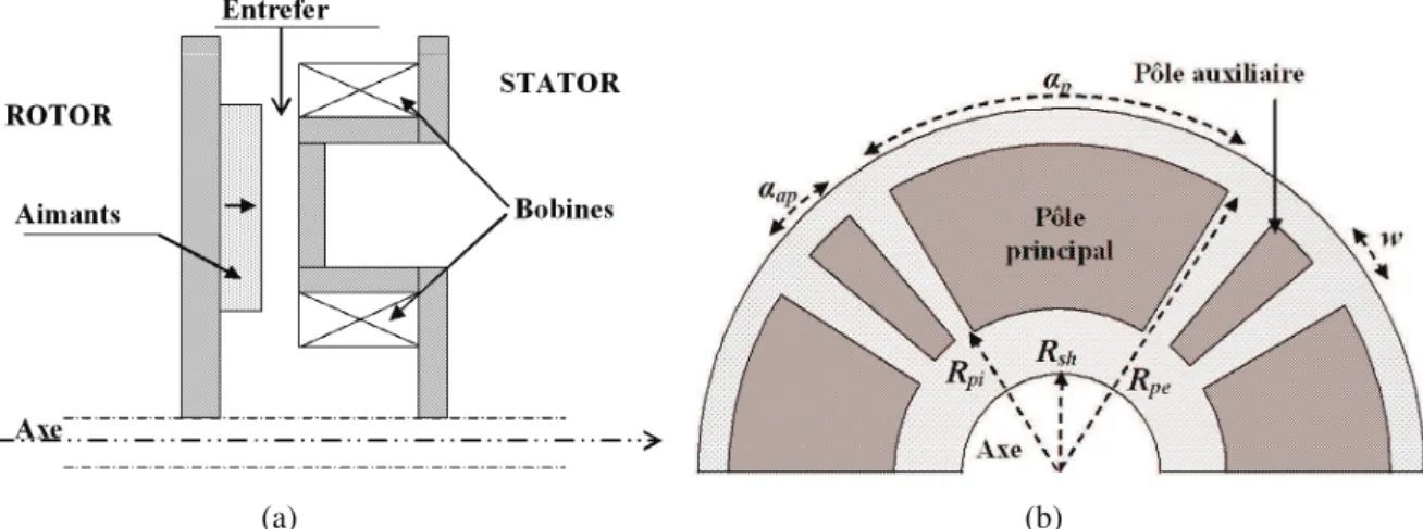 Fig. II.14. Structure géométrique de la MSAPFA dédiée à l’application de réfrigération : (a) coupe axiale, (b)  Forme du disque statorique