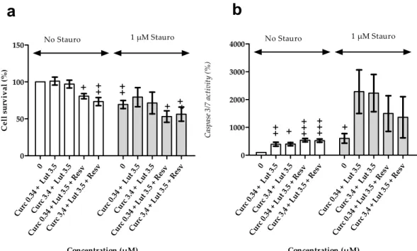 Figure 7. Effect of combination of natural agent on cell survival and caspase 3/7 activity