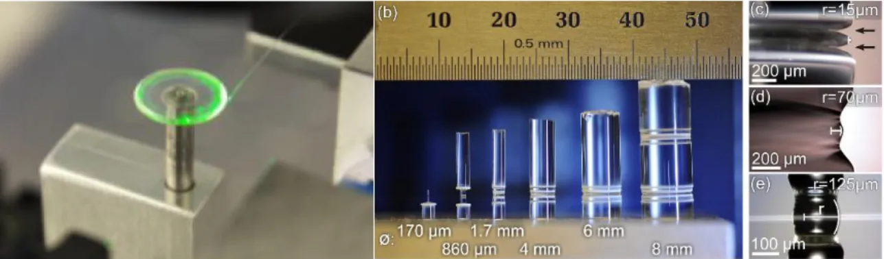 Fig 10. A) Résonateur en fluorure de magnésium opérant par couplage par fibre étirée [48]; B)  Résonateurs fabriqués par usinage Laser de barreaux de Quartz [49].