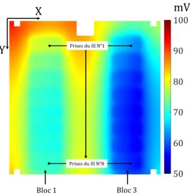 Fig. III-28 : Distribution du potentiel électrique en surface de la métallisation de source 