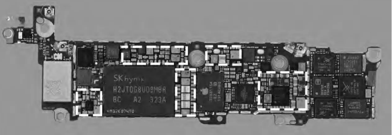 Figure 1.1 – Picture of a high-end smartphone board (Apple  R iPhone  R 5C) line boxes