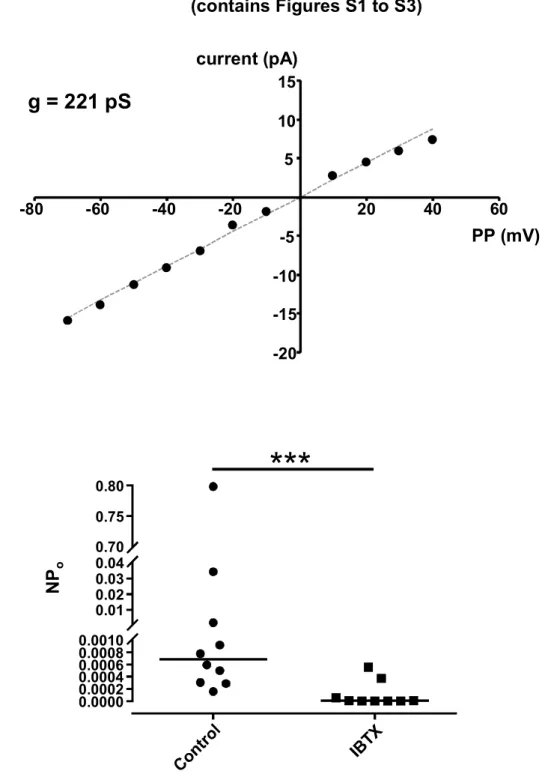 Figure S1. Characterization of BK Ca single channel activity in rat LDCA SMCs. A.