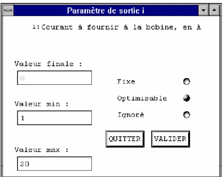 Figure 14: fenêtre de gestion d'un paramètre de sortie  (exemple de l'électroaimant) 