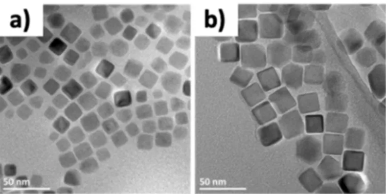 Figure 2. Transmission electron microscopy (TEM) images of nanocubes synthesized from FeSt 3  using  adapted Kovalenko protocol (a), and using the optimized protocol (b)