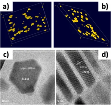 Figure 5.  3D TEM reconstruction of the nanoplates (a,b) and high resolution transmission electron  microscopy (HR-TEM) images of the long face of a platelets (c); and of the side (d)