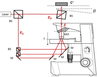 Figure 1: Triple illumination off-axis holographic mi- mi-croscopy setup. BS, beam splitters; M, mirrors; MO, microscope objective; θ, off-axis angle; C 0 , camera plane; E IL , illumination beam; E, scattered object field; and E R , reference field.