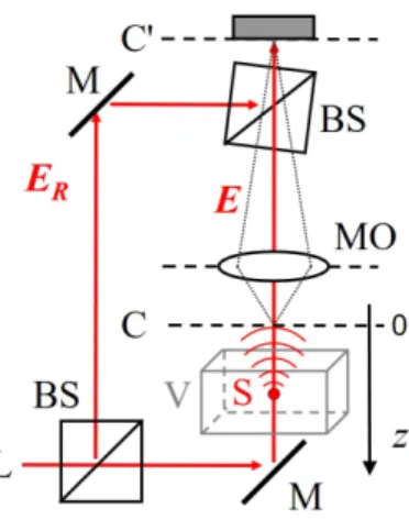 Figure 2: Typical off-axis holographic microscopy setup. L, laser; C’, camera; BS, beam splitter;