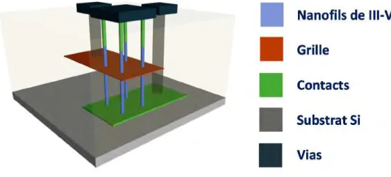 Figure I-26 : Transistor à nanofils verticaux de matériaux III-V conceptualisé durant cette thèse et développée au LAAS