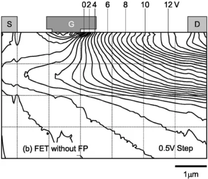 Figure 1.22  Distribution du potentiel dans une FET en GaN sans plaque de champ [71].