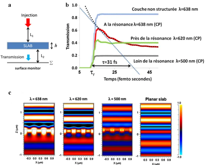 Figure 2.10 (a) Schéma décrivant l’expérience numérique FDTD pour l’étude temporelle du couplage de l’onde  plane avec la membrane à CP