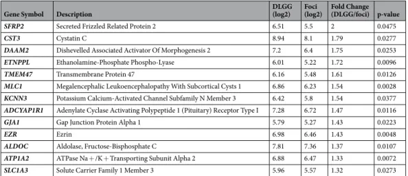 Table 1.  Identification of dysregulated genes in foci. Fold changes (DLGG/foci) are indicated