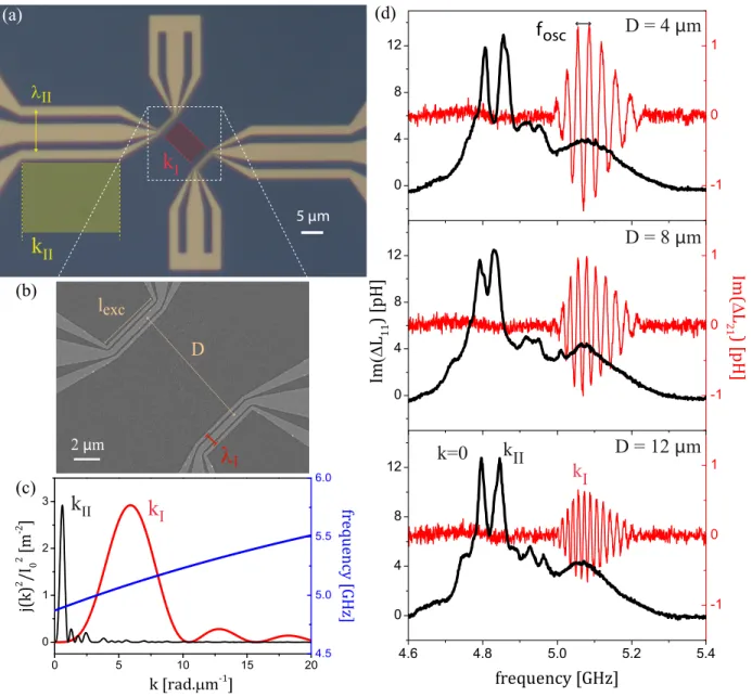 FIG. 1. (a) Geometry-A spin-wave antennae with a separation distance D = 12 µm. (b) Scanning electron microscope image of the same device zoomed in the region of the constriction