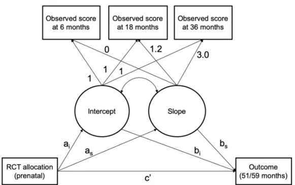 Fig 2. Schematic representation of the hypothesized mediation model. Treatment allocation is a binary variable representing the treatment (coded 1) and control (coded 0) groups