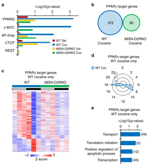 Fig. 3 D2R ablation from iMSN reorganizes the striatal circadian transcriptome. a Venn diagram of striatal oscillating genes in saline treated WT and iMSN-D2RKO mice ( n = 3, JTK_Cycle, cutoff p &lt; 0.01)
