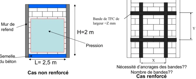 Fig. 2.6. Dimensions du mur principal testé et problématique du renforcement 