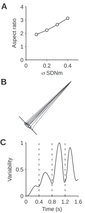 Fig. 5 A. Variation in the aspect ratio of the terminal variability ellipse as a function of σ SDNm in the line-pointing task with TOFC
