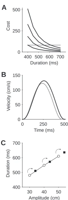 Fig. 6 Movements and on-line movement corrections at constant effort in TOFC. A. Move- Move-ment effort as a function of moveMove-ment duration for different amplitudes (from bottom to top: 30, 40, 50, 60 cm)