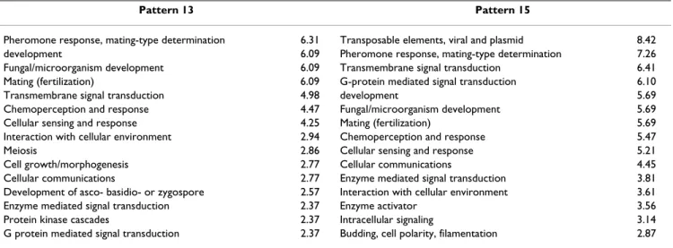 Table 1: The most enhanced gene ontology terms in patterns 13 and 15. Each term is presented together with a measure of how  overrepresented it is compared to a random draw of the same number of genes