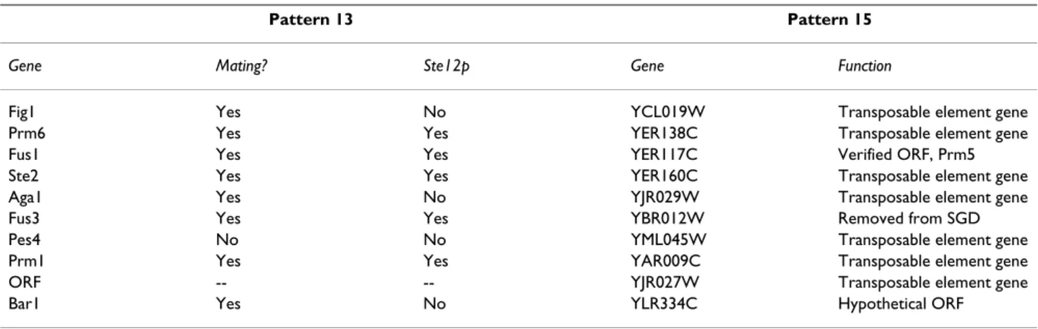 Table 2: The genes most strongly associated with patterns 13 and 15 in order of strength of association
