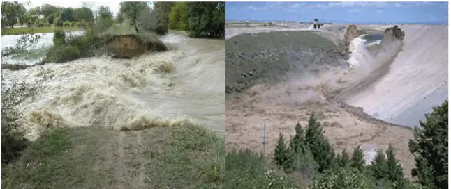Figure 1.1. Breach caused by flooding of the Virdourle river in 2002 (left) and breach of the  Teton Dam, 1976 (right)