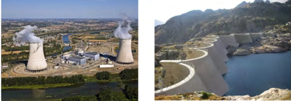 Figure 1.1 – Centrale nucléaire de Golfech (gauche) et barrage de Migouélou (droite). Crédits photos www.edf.fr et www.barrages-cfbr.eu .