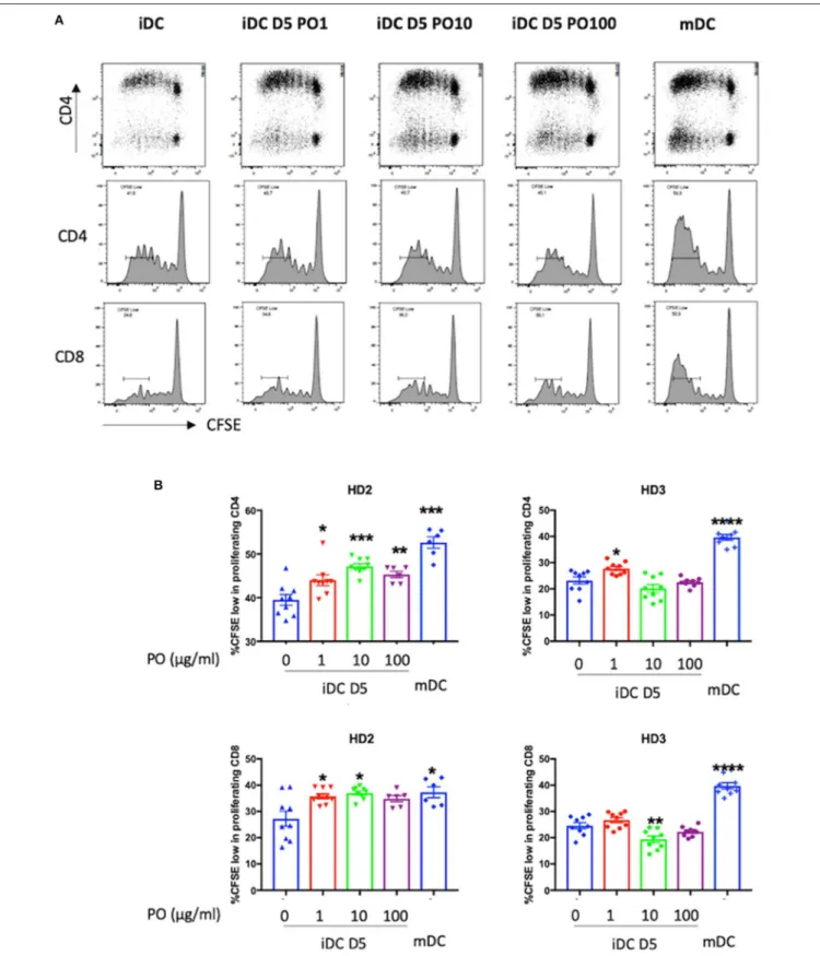 FIGURE 6 | PO increased iDC potential to stimulate mixed lymphocyte reaction (MLR). iDCs treated at D5 with different concentrations of PO (0, 1, 10, 100 µg/ml) or mDCs, as described in the caption of Figure 4, were used to stimulate CFSE-labeled allogenei