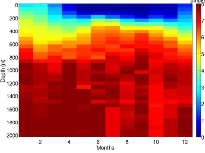 Fig. 3.4.2 Seasonal evolution of nitrate (µmol l -1 ) in 2000 of depth from DYFAMED dataset.