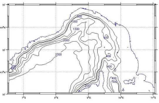 Fig.  4.2.1  The  Ligurian  Sea  model  domain  and  bottom  topography  based  on  the  global  topography dataset at 2’ resolution (Smith and Sandwell, 1997)