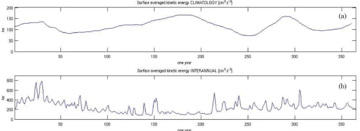 Fig.  4.4.3  Surface  averaged  Kinetic  Energy  during  the  tenth  year  of  the  climatological  experiment (a) and during the year 2006 of the interannual experiment (b)