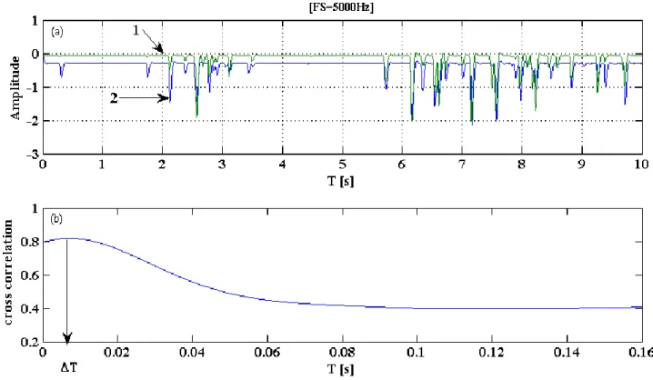 Figure II.19 : Exemple des signaux traités par Matlab. (a) : deux signaux correspondent au double  pic des sondes conductives, (b) un exemple de CCF entre les deux signaux