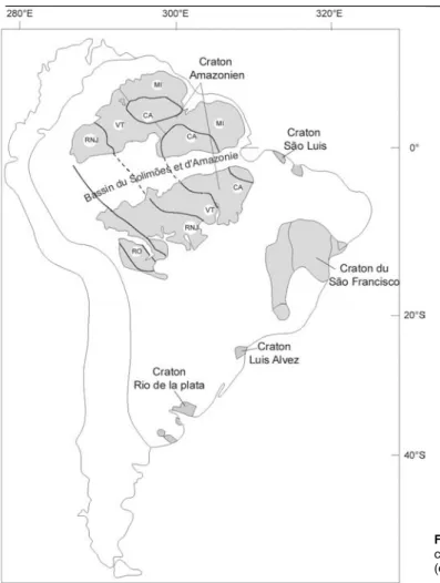 Figure 1 : Localisation des principales racines  cratoniques de la plate-forme Sud américaine  (d’après Cordani et al., 2000).