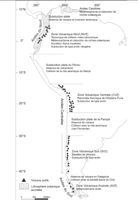 Figure 5 : Principaux segments des Andes, avec indications des processus tectoniques majeurs impliqués dans leur  formation (figure modifiée d'après Gansser, 1973)