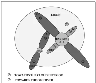 Fig. 2: Sch´ema de la r´egion L1689N. Les flots en gris fonc´e ont ´et´e clairement identifi´es par CCLCL01, tandis que le deuxi`eme flot bipolaire provenant de IRAS16293 et la source W2  in-diqu´es en gris clair sont beaucoup plus incertains.
