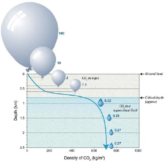 Fig. 3.2 – Sch´ ema repr´ esentant la densit´ e du CO 2 en fonction de la profondeur de stockage