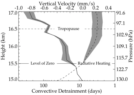 Fig. 1. Vertical velocities, dashed line, and convective mixing rates, solid line, used in the CCT- CCT-TTL model