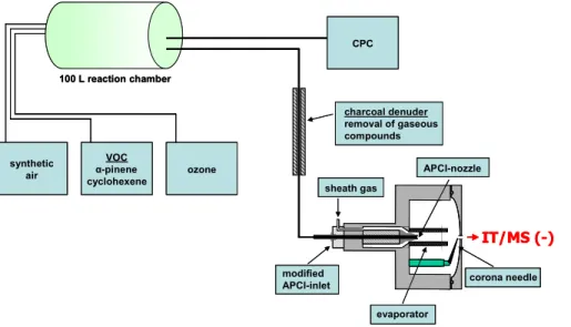 Fig. 1. Sketch of the modified atmospheric pressure chemical ionization source (APCI) and the analytical setup used for on-line measurements.