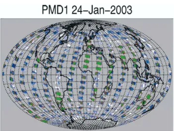 Fig. 3. Map of SCIAMACHY PMD 1 nadir reflectivity for 24 January 2003. The colors have the following meaning: White corresponds to high PMD signal (e.g