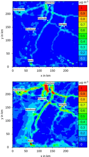 Fig. 1. Horizontal distribution of the externally mixed soot at 20 m above the surface, 12:00 CET, day 2 (top: summer, bottom: winter).