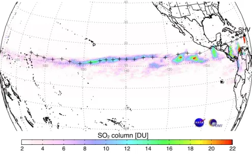 Fig. 1. Cumulative SO 2 VCDs measured by OMI in the SHV volcanic cloud from 20 May–6 June 2006 as the cloud crossed the Pacific Ocean