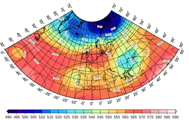 Fig. 1. Geopotential (in gpdam) at 500 hPa and surface pressure (black curves, isobars) for the 21 March 2000, 00:00 UTC.