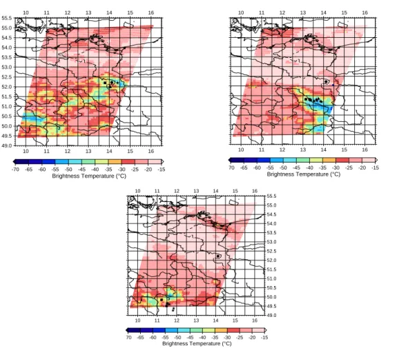 Fig. 4. As Fig. 3, but at 23:30 UTC on 20 March 2000 (left), 01:30 UTC (middle) and 05:30 UTC (right) on 21 March 2000