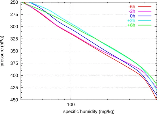 Fig. 9. Pseudo-soundings of specific humidity for various times relative to the reference time, taken from MM5 output at the grid point closest to Lindenberg