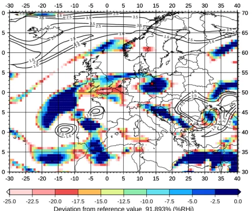 Fig. 11. Visualisation of the ice supersaturated region measured by the radiosonde at 21 March 2000, 00:00 UTC on the pressure surface p = 389 hPa, together with other moist  re-gions